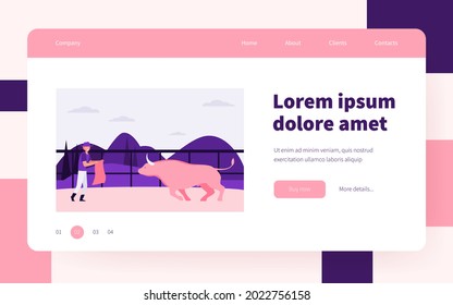 Toreador with red cape training bull. Matador, picador, bullfighting. Flat vector illustration. Corrida, Spain, traditional performers concept for banner, website design or landing web page