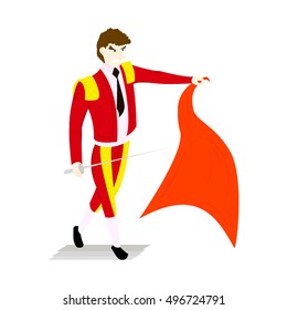 Toreador in a red suit and sword with a capein style flat isolated on white background