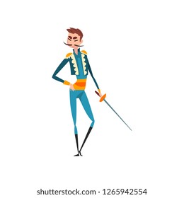 Toreador with sword, bullfighting, corrida performance vector Illustration on a white background