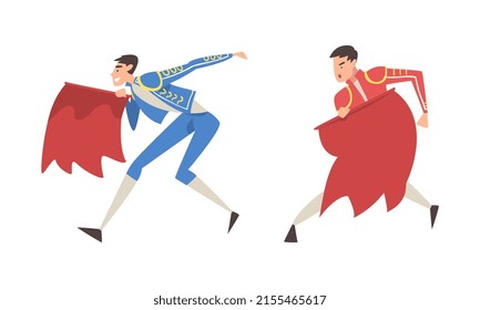 Toreadors set. Bullfighter character in traditional costume with red cloth at Spanish corrida performance cartoon vector illustratio