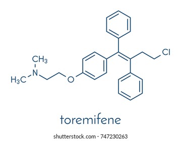 Toremifene oral selective estrogen receptor modulator (SERM) drug molecule. Skeletal formula.
