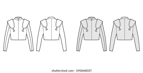 Torero jacket matador technical fashion illustration with long sleeves, stand collar, waist length, embellish. Flat chaqueta template front, back, white, grey color style. Women, men top CAD mockup