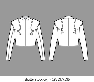 Torero jacket matador technical fashion illustration with long sleeves, stand collar, waist length, embellish. Flat chaqueta template front, back, white color style. Women, men, unisex top CAD mockup