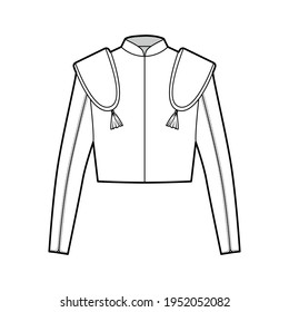 Torero jacket matador technical fashion illustration with long sleeves, stand collar, waist length, embellish. Flat chaqueta template front, white color style. Women, men, unisex top CAD mockup