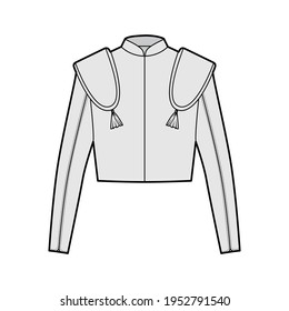 Torero jacket matador technical fashion illustration with long sleeves, stand collar, waist length, embellish. Flat chaqueta template front, back, color style. Women, men, unisex top CAD mockup