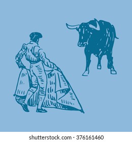 Torero matador awaiting for the bull. Corrida, bullfighting in Spain. Hand drawn on blue background. Vector illustration