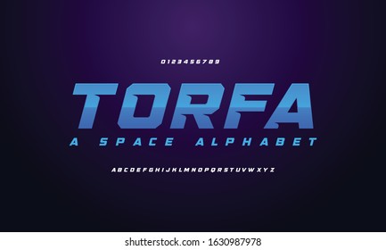 Torfa: Modern futuristic font design. Vector illustration of alphabet uppercase and number. Sport stylish typography