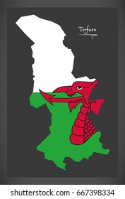 Torfaen Wales map with Welsh national flag illustration