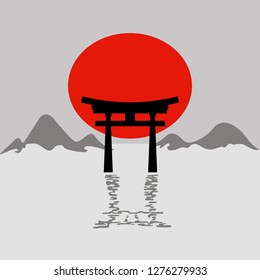 Tori Gate. Colorful poster of Japan - travel to Japan. Japan and the Land of the Rising Sun. Vector illustration with travel place and landmark.