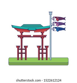 Tori gate and Japanese koinobori flag over white background, vector illustration