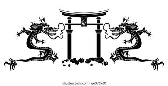 Torii and asian dragons stencil