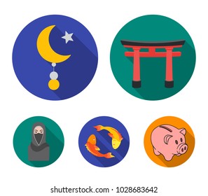 Torii, carp koi, woman in hijab, star and crescent. Religion set collection icons in flat style vector symbol stock illustration web.