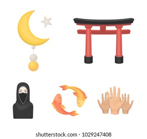 Torii, carp koi, woman in hijab, star and crescent. Religion set collection icons in cartoon style vector symbol stock illustration web.