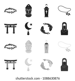 Torii, carp koi, woman in hijab, star and crescent. Religion set collection icons in black,monochrome style vector symbol stock illustration web.