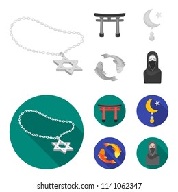 Torii, carp koi, woman in hijab, star and crescent. Religion set collection icons in monochrome,flat style vector symbol stock illustration web.