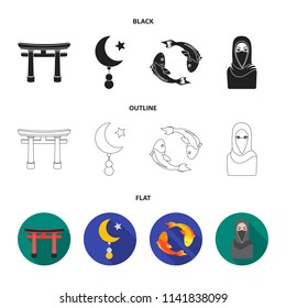 Torii, carp koi, woman in hijab, star and crescent. Religion set collection icons in black,flat,outline style vector symbol stock illustration web.