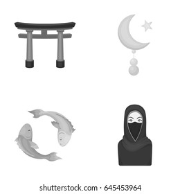 Torii, carp koi, woman in hijab, star and crescent. Religion set collection icons in monochrome style vector symbol stock illustration web.