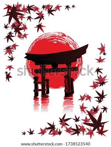 Torii Gate against a background of red sun and maple leaves. Vector illustration in traditional oriental style.