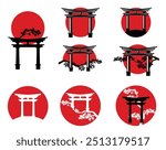 torii gate and elegant long pine tree branch against red sun disk - traditional japanese nature vector silhouette design set
