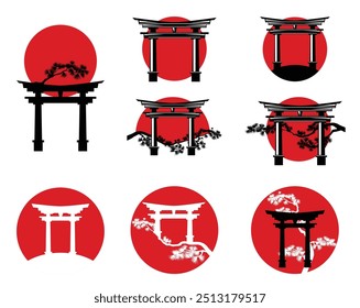 torii gate and elegant long pine tree branch against red sun disk - traditional japanese nature vector silhouette design set