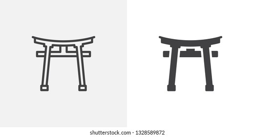 Torii gate icon. line and glyph version, outline and filled vector sign. Shinto Shrine linear and full pictogram. Symbol, logo illustration. Different style icons set