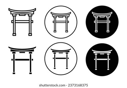 Icono de la puerta Torii. Tradicional tori o Shinto gate en japón o conjunto de símbolos de asia. Signo de vector de arquitectura torlii religiosa y sagrada. Santuario japonés del logo de la línea de la puerta de entrada de madera