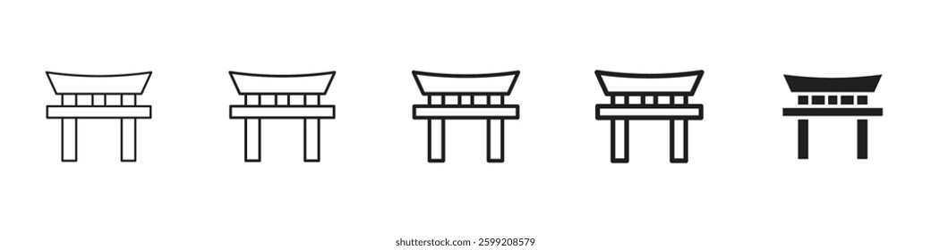 Torii gate icons in black outline, solid and colored style