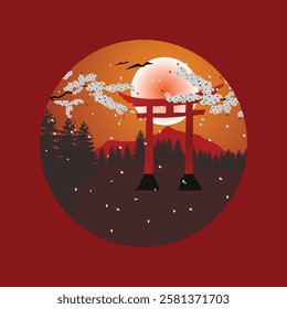 Torii Gate Illustration Design with Cherry Blossoms in Red Color, template illustration decorative, decoration