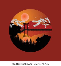 Torii Gate Illustration Design with Cherry Blossoms in Red Color, template illustration decorative, decoration
