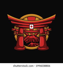 torii gate japan building and fuji mountain badge design illustration. cartoo graphic flat design