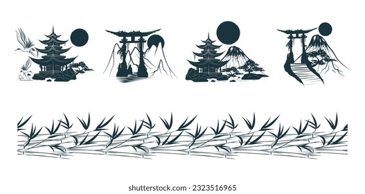 Torii gate, japanese temple and bamboo branches. Set of five vector illustrations isolated on white background.