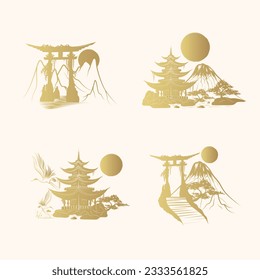 Torii gate and japanese temple under the sun. Set of four golden vector illustrations isolated on white background.