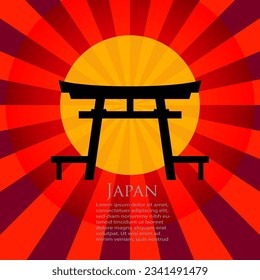 Torii gate. Japanese traditional gate with sunrise or sunset. Vector illustration.
