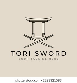 torii gate and katana sword vector template logo illustration graphic design line art style with minimalist design