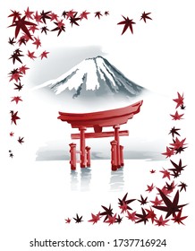 Torii Gate, Mount Fuji und Ahornblätter. Vector Design im traditionellen orientalischen Stil.