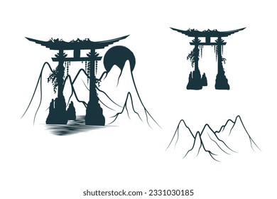 Torii gate with mountains and sun in the background. Japanese art for t-shirt, tattoo, print and stickers. Hand drawn vector illustration isolated on white background.