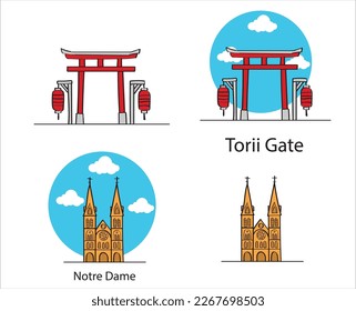 Torii Gate and Notre Dame cathedral hand drawing vector illustration