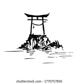 Torii gate on the lake. Ink illustration.
