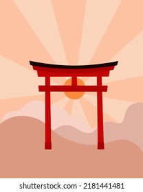 Puerta de Torii con sol naciente y montañas en el paisaje de fondo ilustración vectorial, símbolo religioso y cultural japonés tradicional, atracción turística, imagen para afiche, fondo