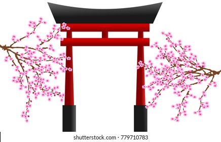 Torii gate with sakura flower branches isolated on white background illustration vector
