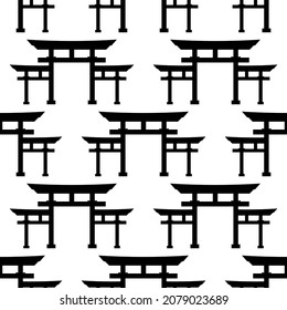 Torii gate sign. Seamless pattern with Japanese traditional gate on white background in black color. Torii symbol of Japanese traditional Shinto religion. Print for fabric, packing.Vector illustration