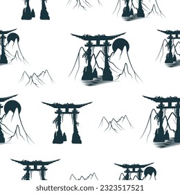 Torii gate, sun, bonsai tree and mountains seamless pattern. Japanese hand drawn vector oriental background for  textile, texture and wrapping paper.