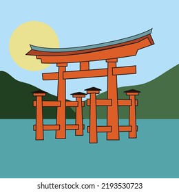 Torii gate surrounded by water illustration vector design
