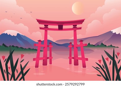 Torii gate surrounded by water
