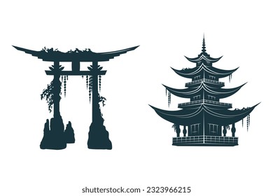 Torii gate and temple. Japanese art for t-shirts, tattoos, prints and stickers. Two hand drawn vector illustrations isolated on white background.