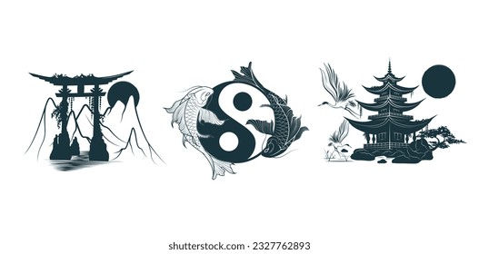 Torii gate, temple and Yin Yang koi fish. Japanese art for t-shirts, tattoos, prints and stickers. Three hand drawn vector illustrations isolated on white background.