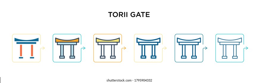 Torii gate vector icon in 6 different modern styles. Black, two colored torii gate icons designed in filled, outline, line and stroke style. Vector illustration can be used for web, mobile, ui