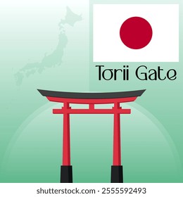 Torii Gate Vector Illustration Clipart, World Famous Places Art, Japanese Sacred Gateway Vector Art, Japan Map and Flag Vector Art