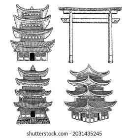 Torii gates and Cultural and religious Japanese pagoda palace. Traditional Japanese style gate. Japan ancient architecture. Spiritual tomb or monument set.  Vector.