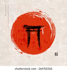 Torii gates hand-drawn with ink in traditional Japanese style sumi-e on vintage rice paper. Sealed with hieroglyph "happiness"